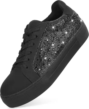 Platform Sneakers for Women Shiny Women’s Fashion Sneakers Low Top Lace Up Womens Walking Sneakers Glitter Sparkly Rhinestone Sneakers Casual Wedding Dressy Tennis Shoes