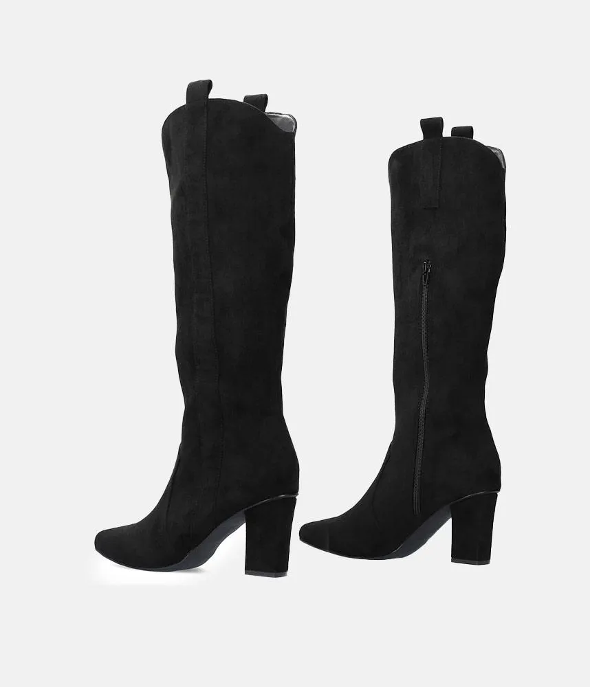 Plush Black Suede Cowboy Style Long Boots