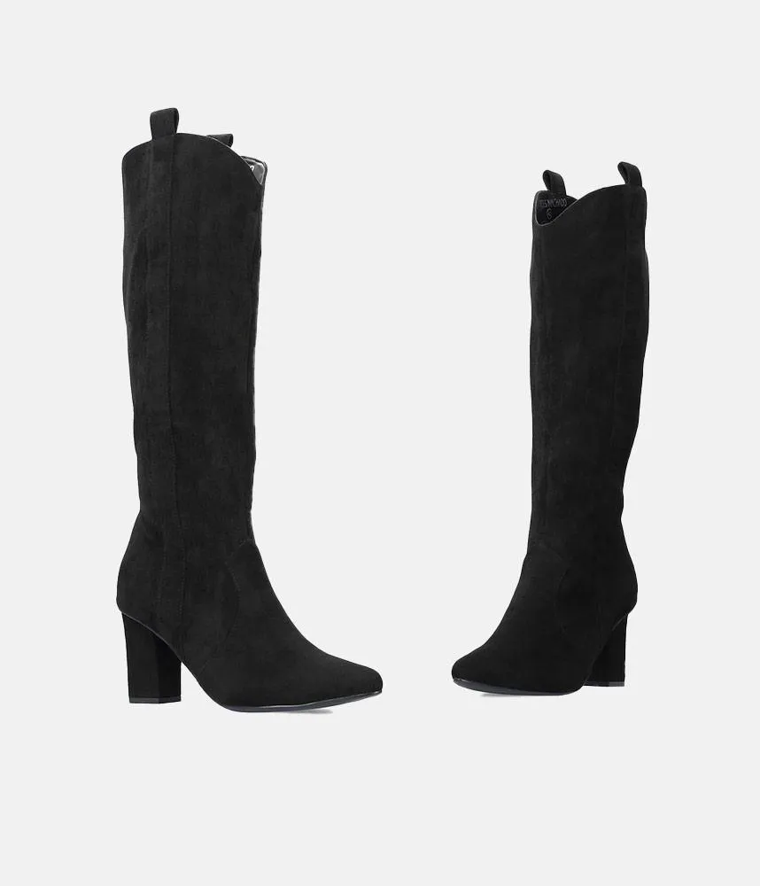Plush Black Suede Cowboy Style Long Boots