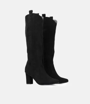 Plush Black Suede Cowboy Style Long Boots
