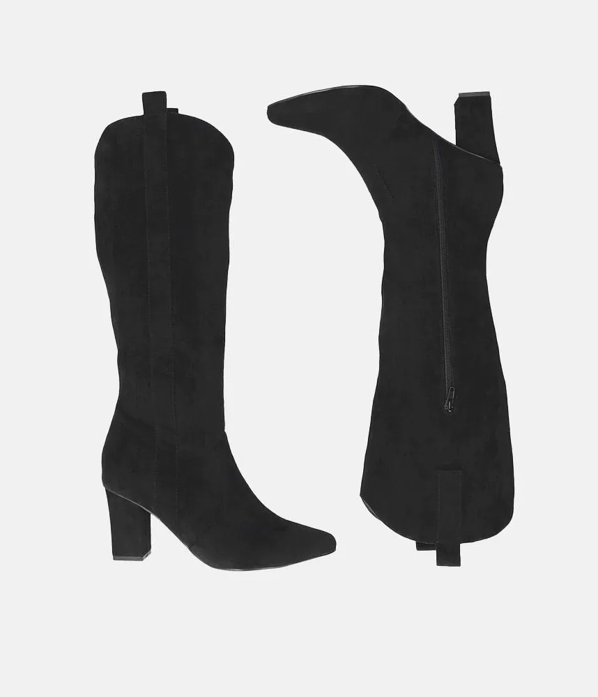 Plush Black Suede Cowboy Style Long Boots