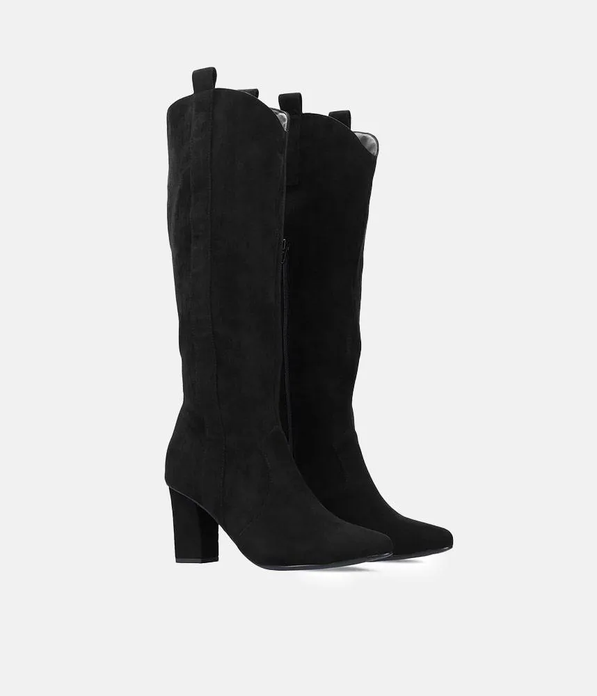 Plush Black Suede Cowboy Style Long Boots