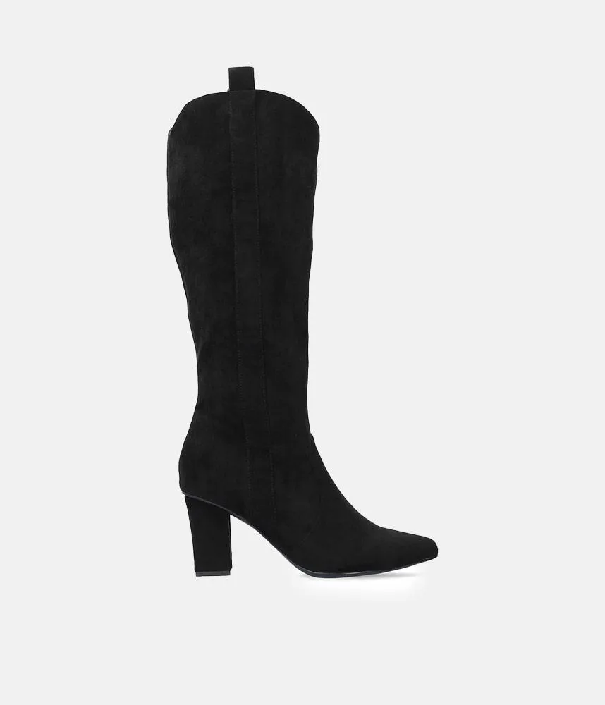 Plush Black Suede Cowboy Style Long Boots