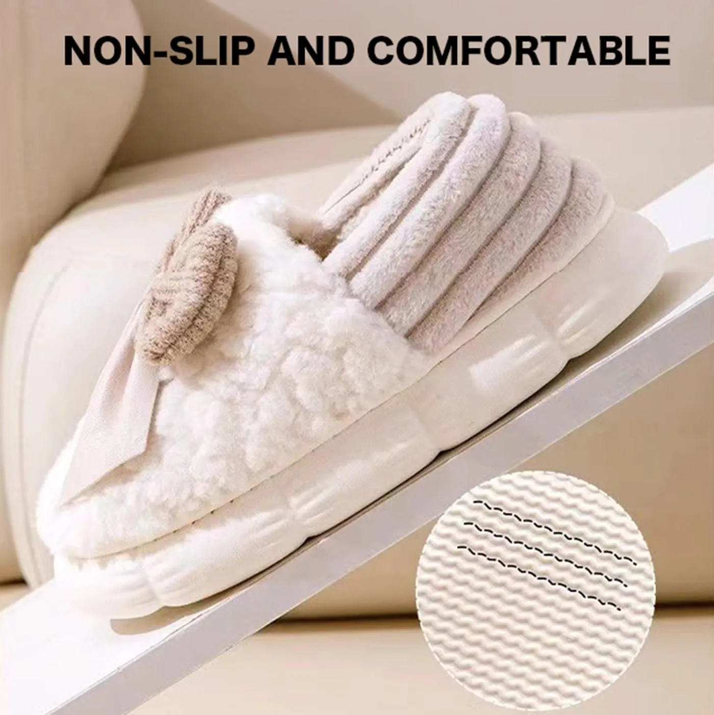 Plush Cute Bow Tie Slippers for Women Furry Comfy Non-Slip House Slippers Warm Funny Cozy Fluffy Kawaii Fuzzy Indoor
