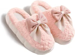 Plush Cute Bow Tie Slippers for Women Furry Comfy Non-Slip House Slippers Warm Funny Cozy Fluffy Kawaii Fuzzy Indoor