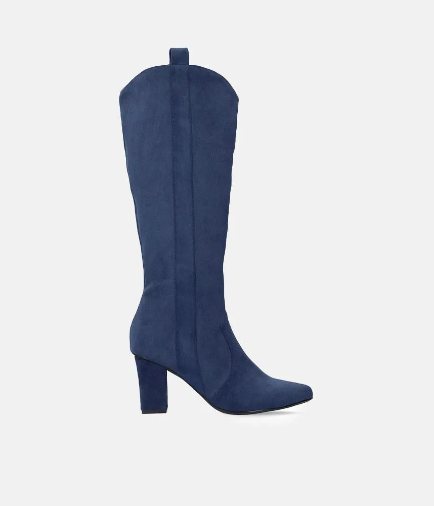 Plush Navy Suede Cowboy Style Long Boots