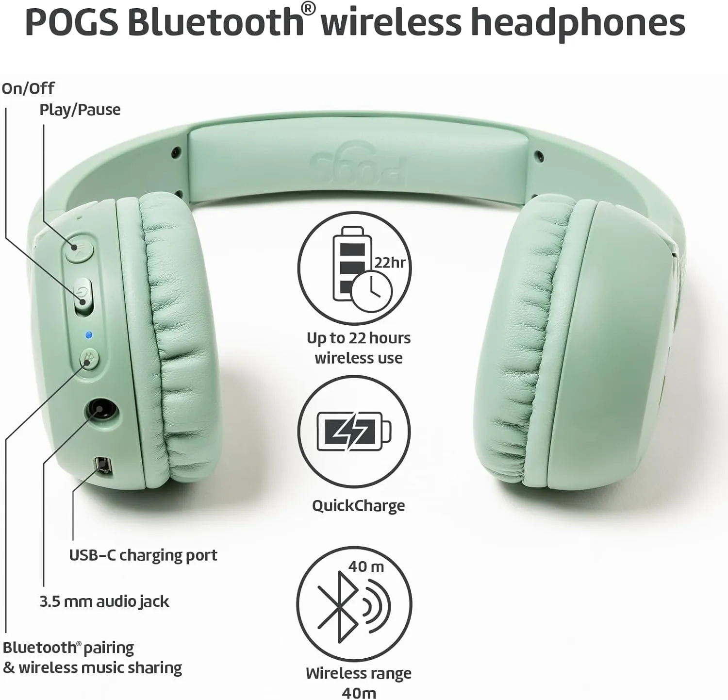 POGS Kids Bluetooth Wireless Headphones | The Gecko 2 | Foldable, Durable Headphones for Kids 3  | Volume Limited 85 dB, Microphone | On-Ear | Wireless Music-Sharing Function (rGreen)