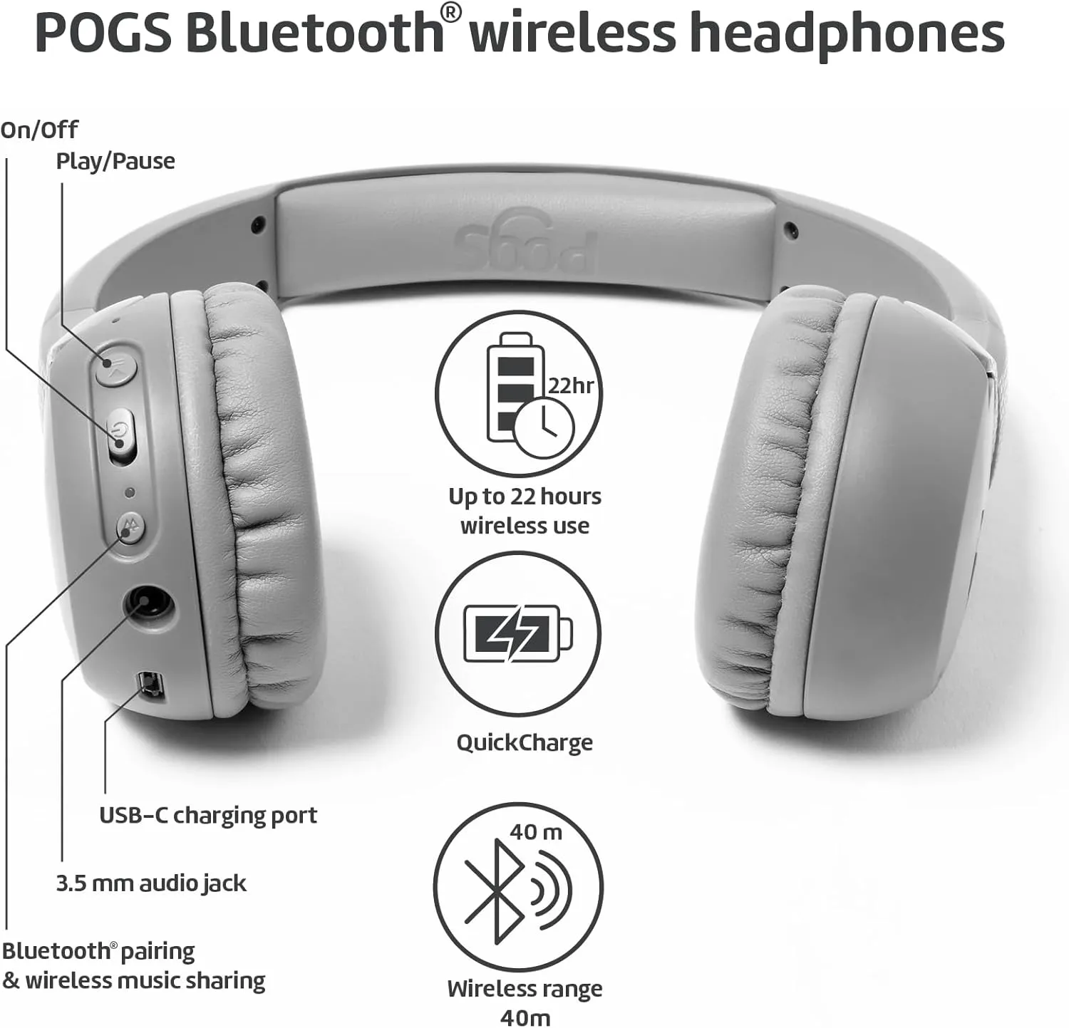 POGS Kids Bluetooth Wireless Headphones | The Gecko 2 | Foldable, Durable Headphones for Kids 3  | Volume Limited 85 dB, Microphone | On-Ear | Wireless Music-Sharing Function (rGrey)