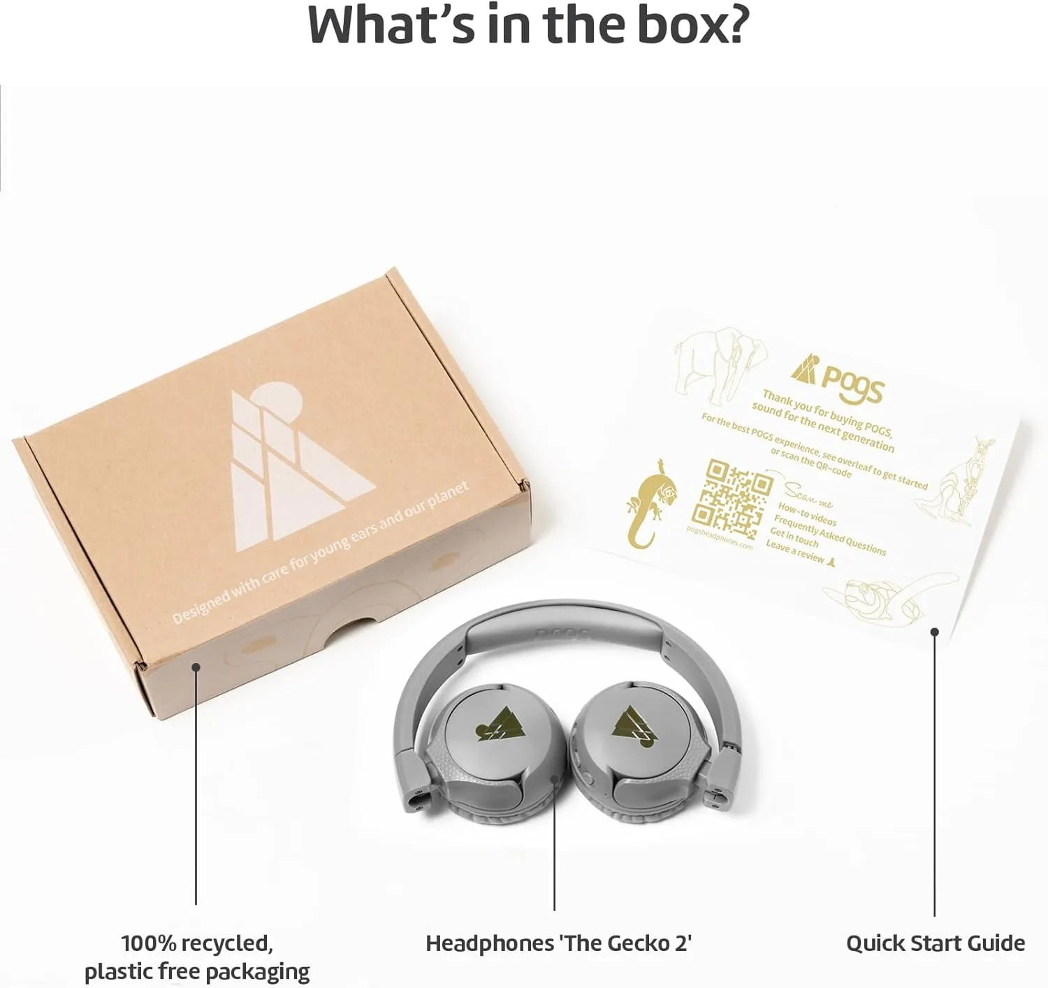 POGS Kids Bluetooth Wireless Headphones | The Gecko 2 | Foldable, Durable Headphones for Kids 3  | Volume Limited 85 dB, Microphone | On-Ear | Wireless Music-Sharing Function (rGrey)