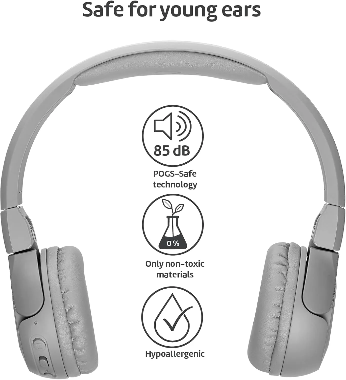 POGS Kids Bluetooth Wireless Headphones | The Gecko 2 | Foldable, Durable Headphones for Kids 3  | Volume Limited 85 dB, Microphone | On-Ear | Wireless Music-Sharing Function (rGrey)