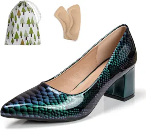 Pointed Closed Toe Chunky Pumps Shoes for Women 2 Inch Snakeskin Print Low Heels Women's Patent Leather Dressy Comfort Block Heels Slip-On Party Daily Shoes