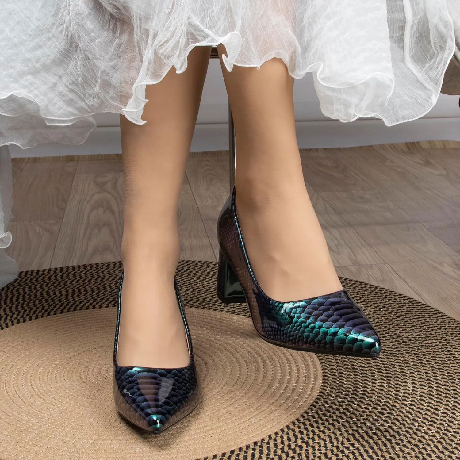 Pointed Closed Toe Chunky Pumps Shoes for Women 2 Inch Snakeskin Print Low Heels Women's Patent Leather Dressy Comfort Block Heels Slip-On Party Daily Shoes