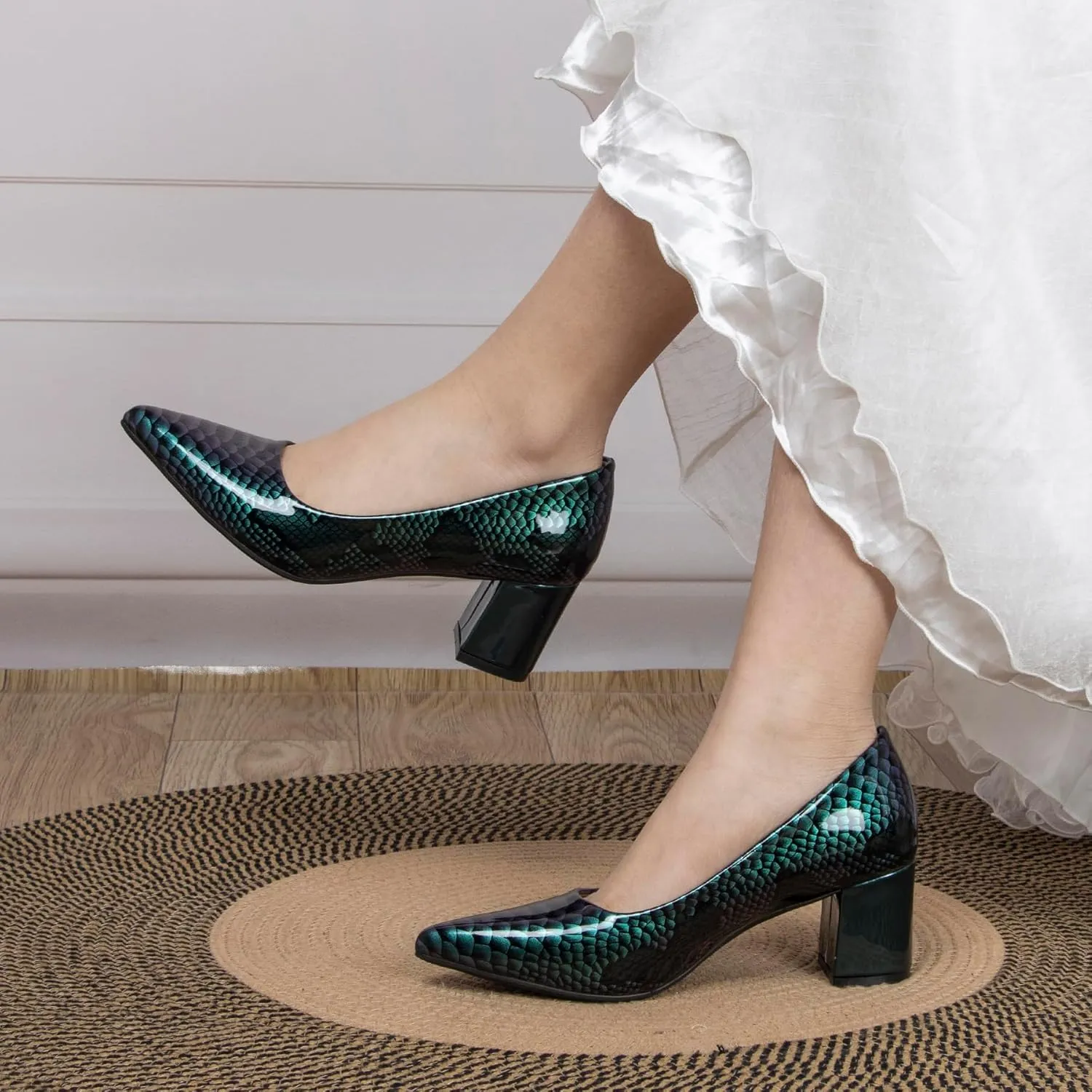 Pointed Closed Toe Chunky Pumps Shoes for Women 2 Inch Snakeskin Print Low Heels Women's Patent Leather Dressy Comfort Block Heels Slip-On Party Daily Shoes