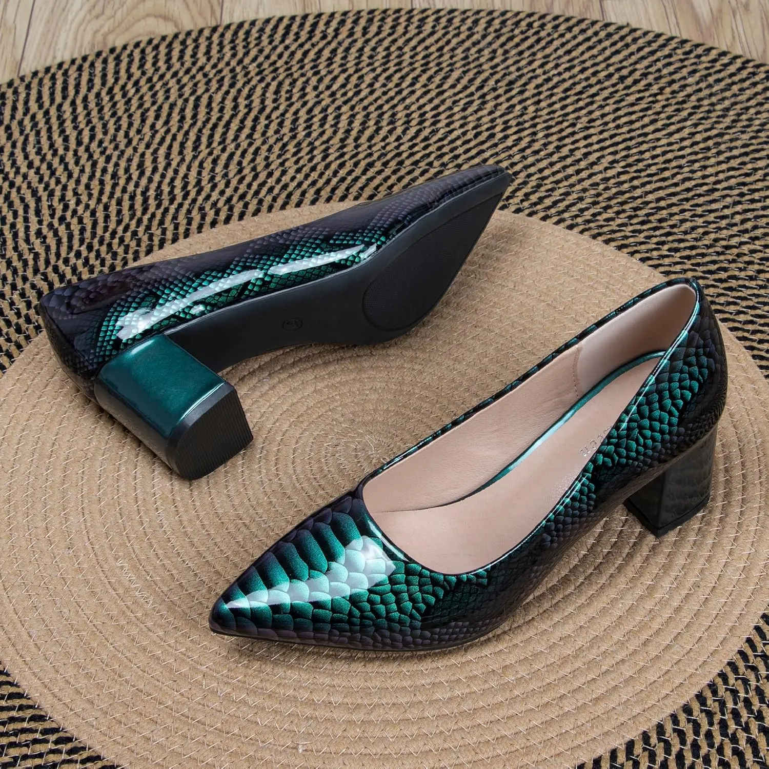 Pointed Closed Toe Chunky Pumps Shoes for Women 2 Inch Snakeskin Print Low Heels Women's Patent Leather Dressy Comfort Block Heels Slip-On Party Daily Shoes