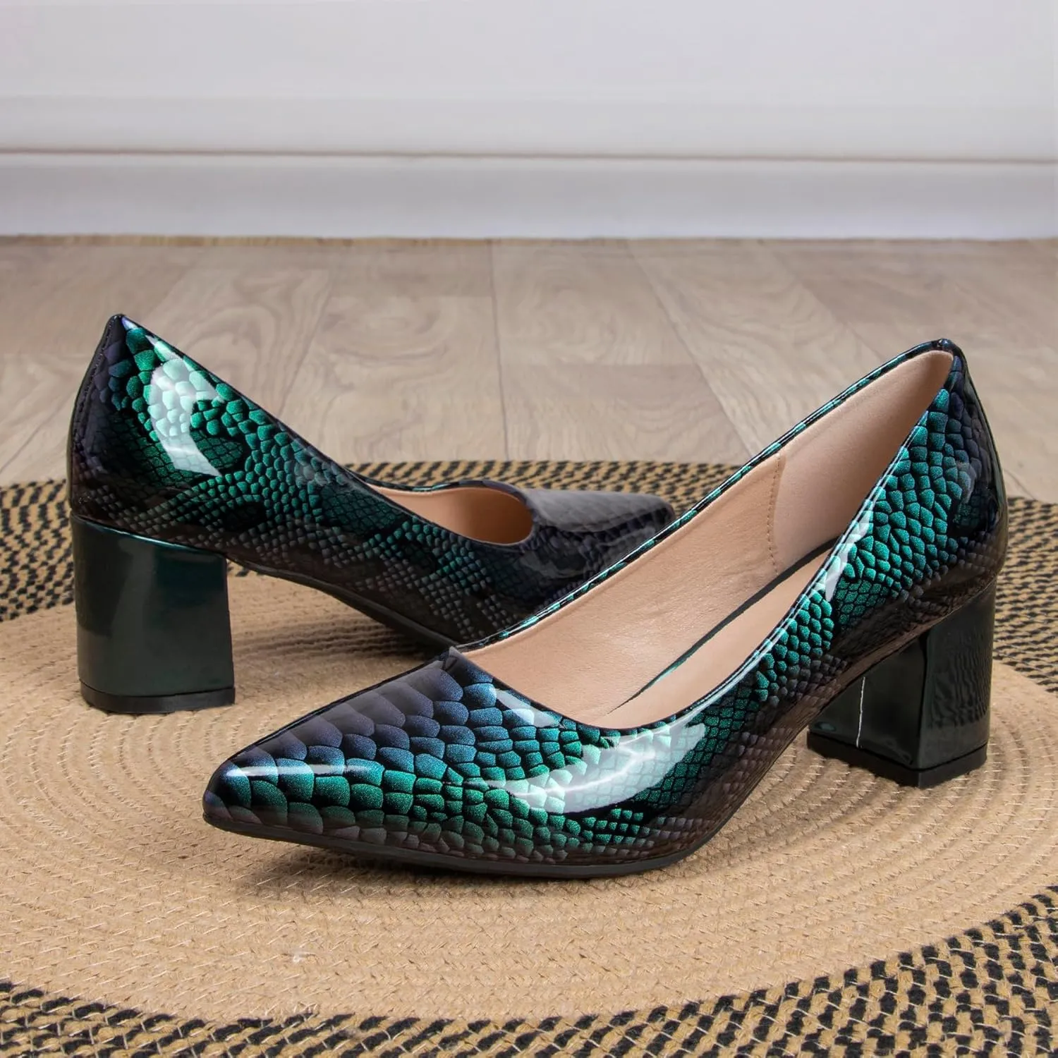 Pointed Closed Toe Chunky Pumps Shoes for Women 2 Inch Snakeskin Print Low Heels Women's Patent Leather Dressy Comfort Block Heels Slip-On Party Daily Shoes