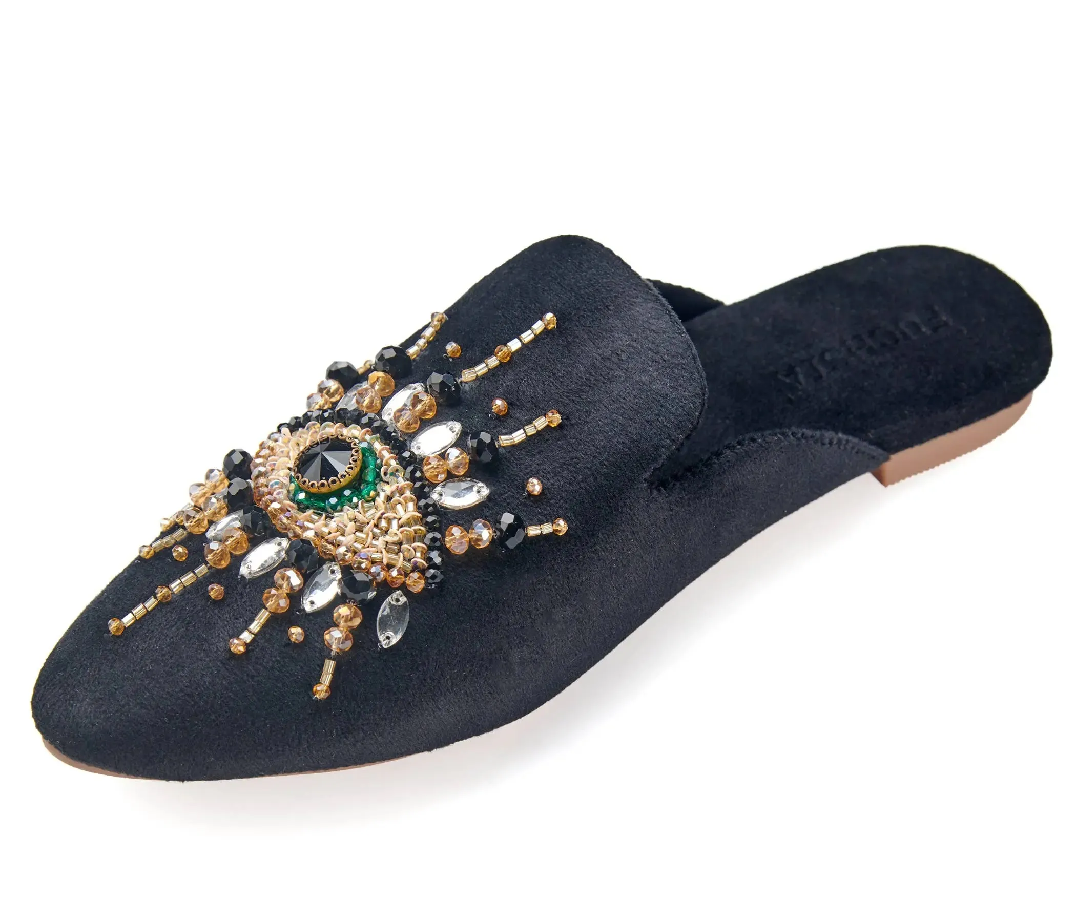 Pointed Toe Artisanal Good Eye Black Women's Mule Embroidery: 8