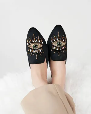 Pointed Toe Artisanal Good Eye Black Women's Mule Embroidery: 8
