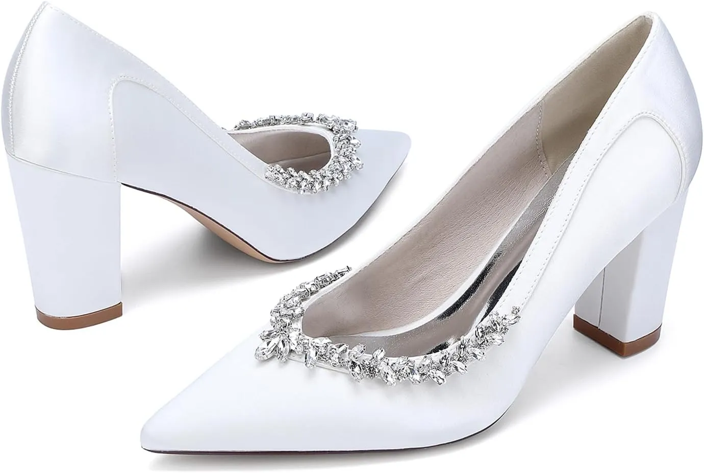 Pointed Toe Chunky Heels for Women Slip on Comfortable Dress Shoes Satin Rhinestones Pumps Sandals for Prom, Work, Wedding