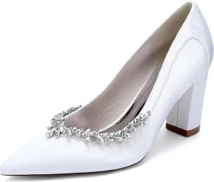 Pointed Toe Chunky Heels for Women Slip on Comfortable Dress Shoes Satin Rhinestones Pumps Sandals for Prom, Work, Wedding