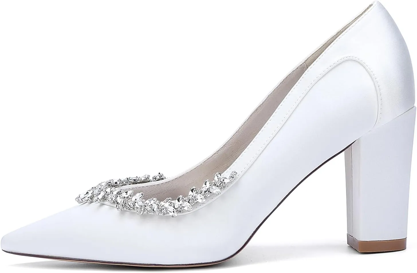 Pointed Toe Chunky Heels for Women Slip on Comfortable Dress Shoes Satin Rhinestones Pumps Sandals for Prom, Work, Wedding
