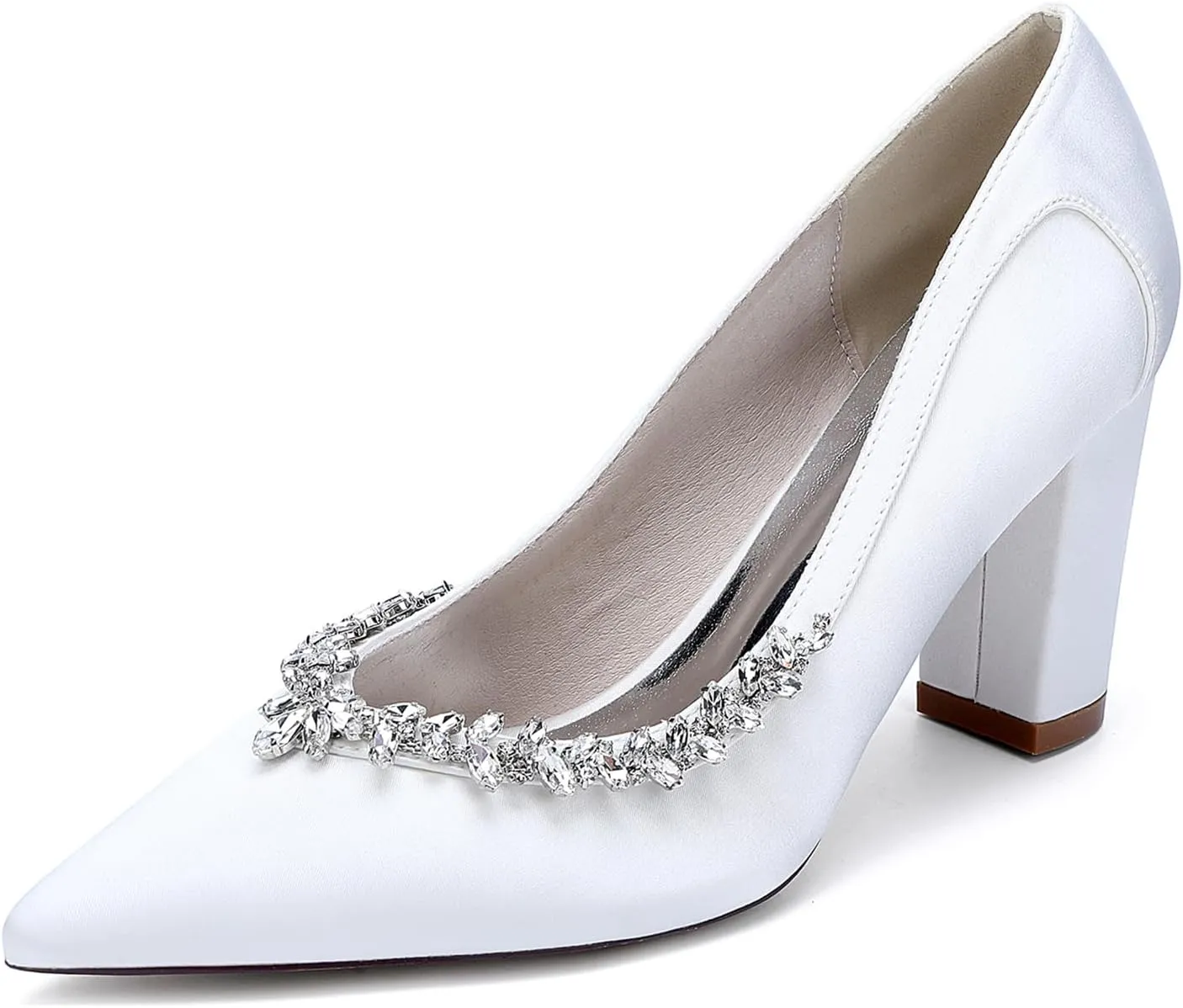 Pointed Toe Chunky Heels for Women Slip on Comfortable Dress Shoes Satin Rhinestones Pumps Sandals for Prom, Work, Wedding