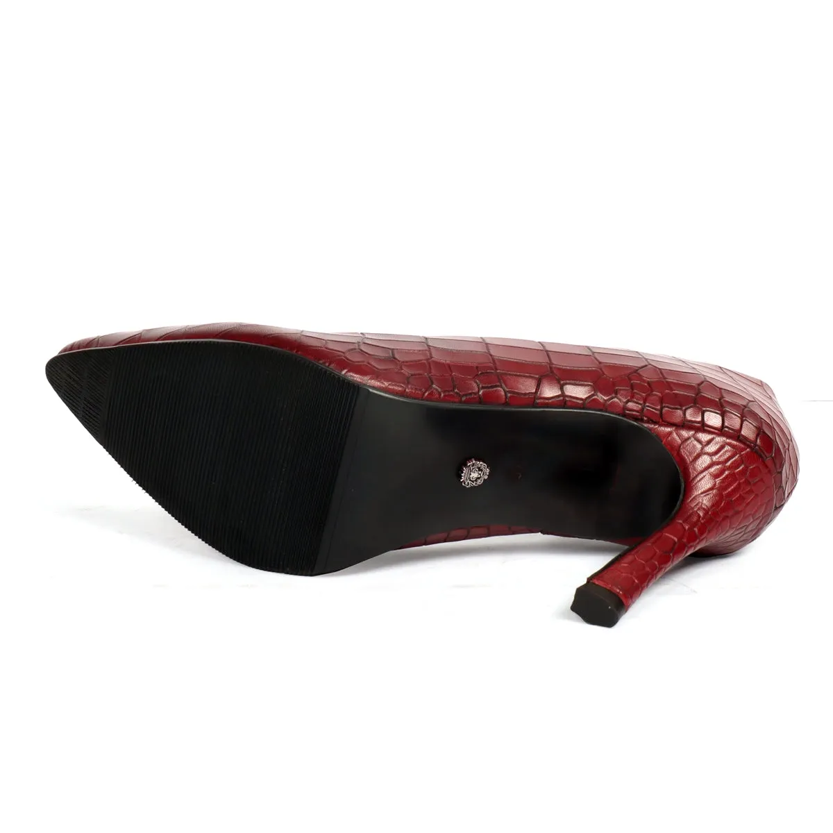 Pointed Toe Croco Textured Chic Wine Sleek Stiletto Ladies Pencil Heel By Brune & Bareskin