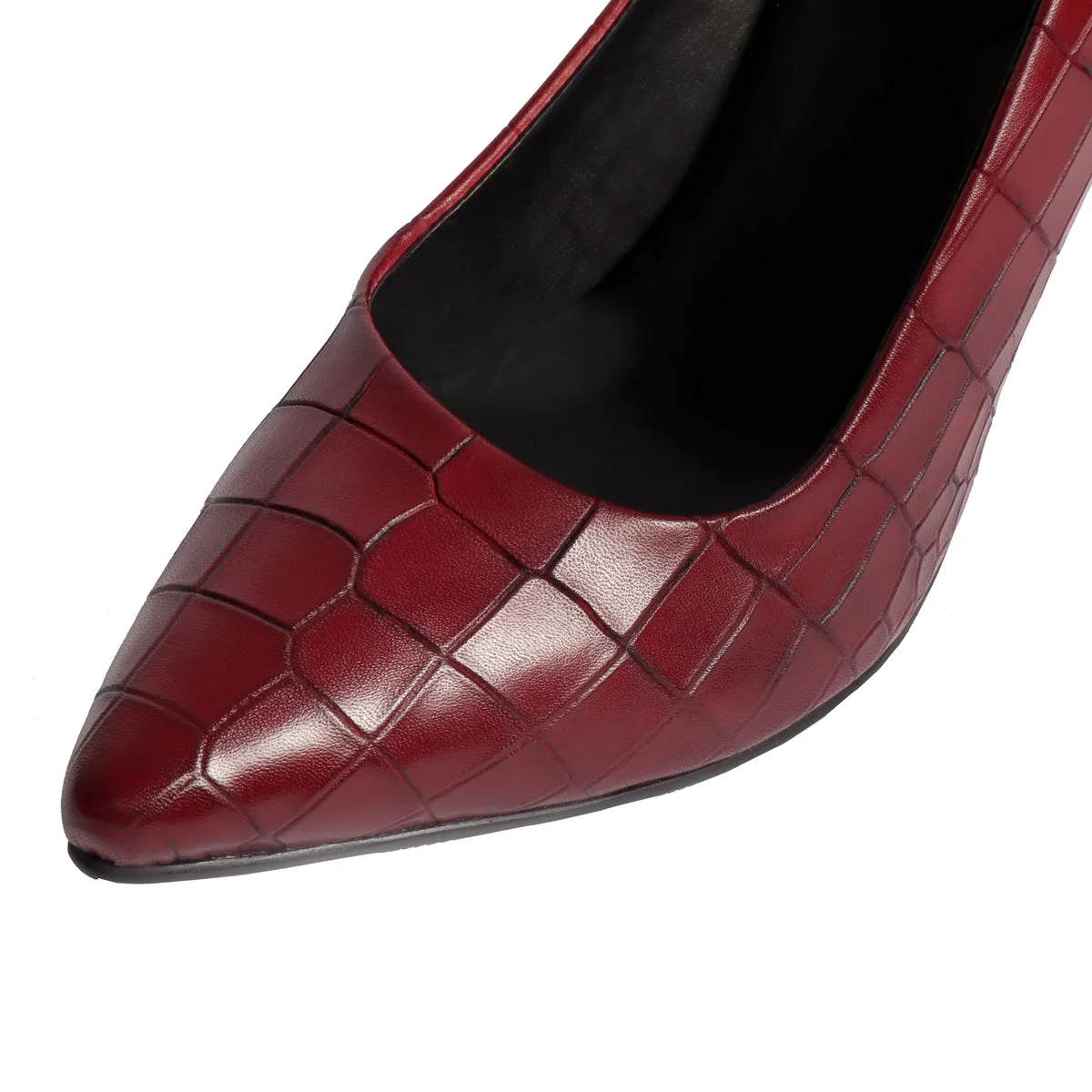 Pointed Toe Croco Textured Chic Wine Sleek Stiletto Ladies Pencil Heel By Brune & Bareskin