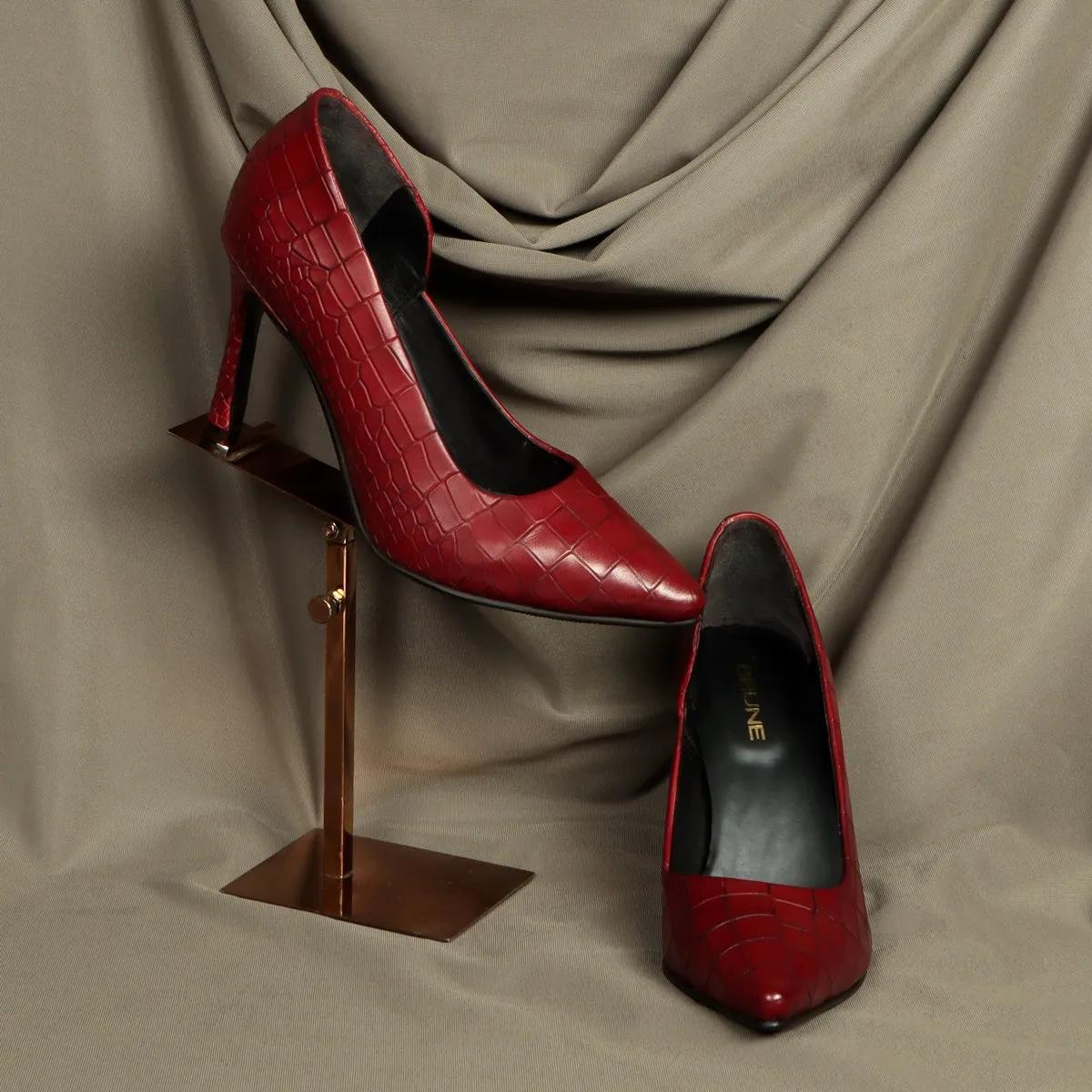 Pointed Toe Croco Textured Chic Wine Sleek Stiletto Ladies Pencil Heel By Brune & Bareskin