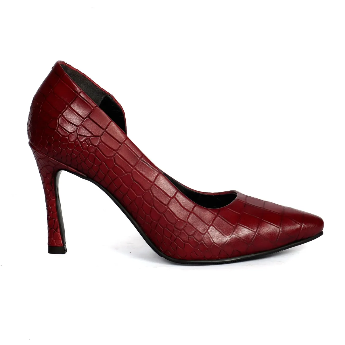 Pointed Toe Croco Textured Chic Wine Sleek Stiletto Ladies Pencil Heel By Brune & Bareskin