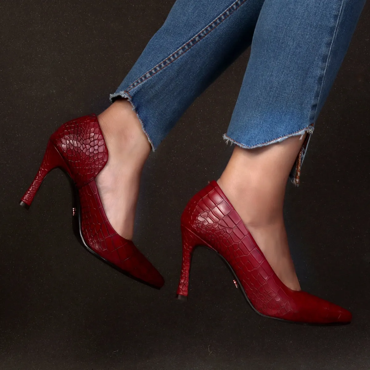 Pointed Toe Croco Textured Chic Wine Sleek Stiletto Ladies Pencil Heel By Brune & Bareskin