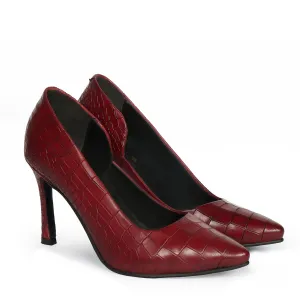 Pointed Toe Croco Textured Chic Wine Sleek Stiletto Ladies Pencil Heel By Brune & Bareskin
