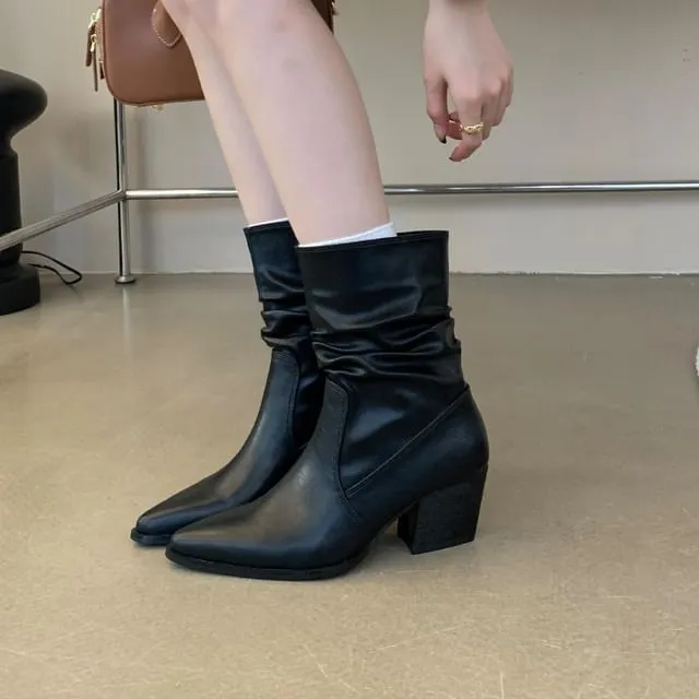 Pointy Chunky Heel Shirred Short Boots