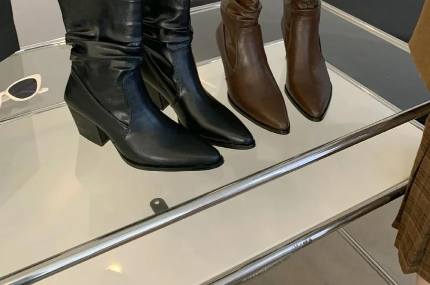Pointy Chunky Heel Shirred Short Boots