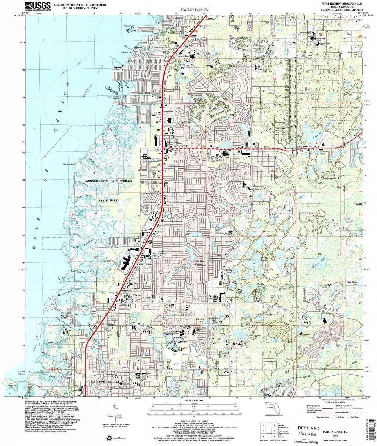 Port Richey FL topo map, 1:24000 Scale, 7.5 X 7.5 Minute, Historical, 1998, Updated 2002, 27.1 x 24 in