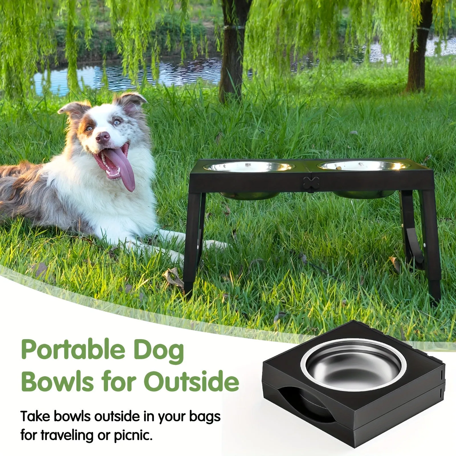 Portable Non-Slip Elevated Dog Bowls Set With 2 Bowls