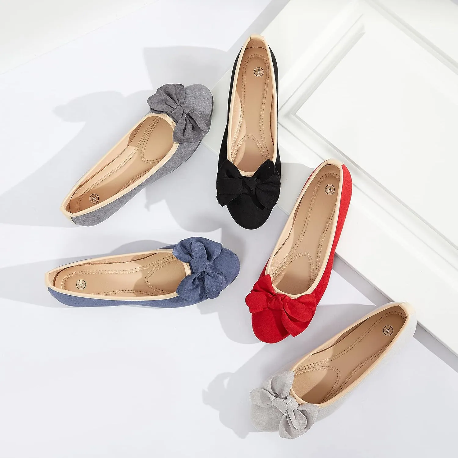 POVOGER Women's Flats Dress Shoes for Women Black Flats Slip on Elegant Bow Ballet Flats Low Heel Comfortable