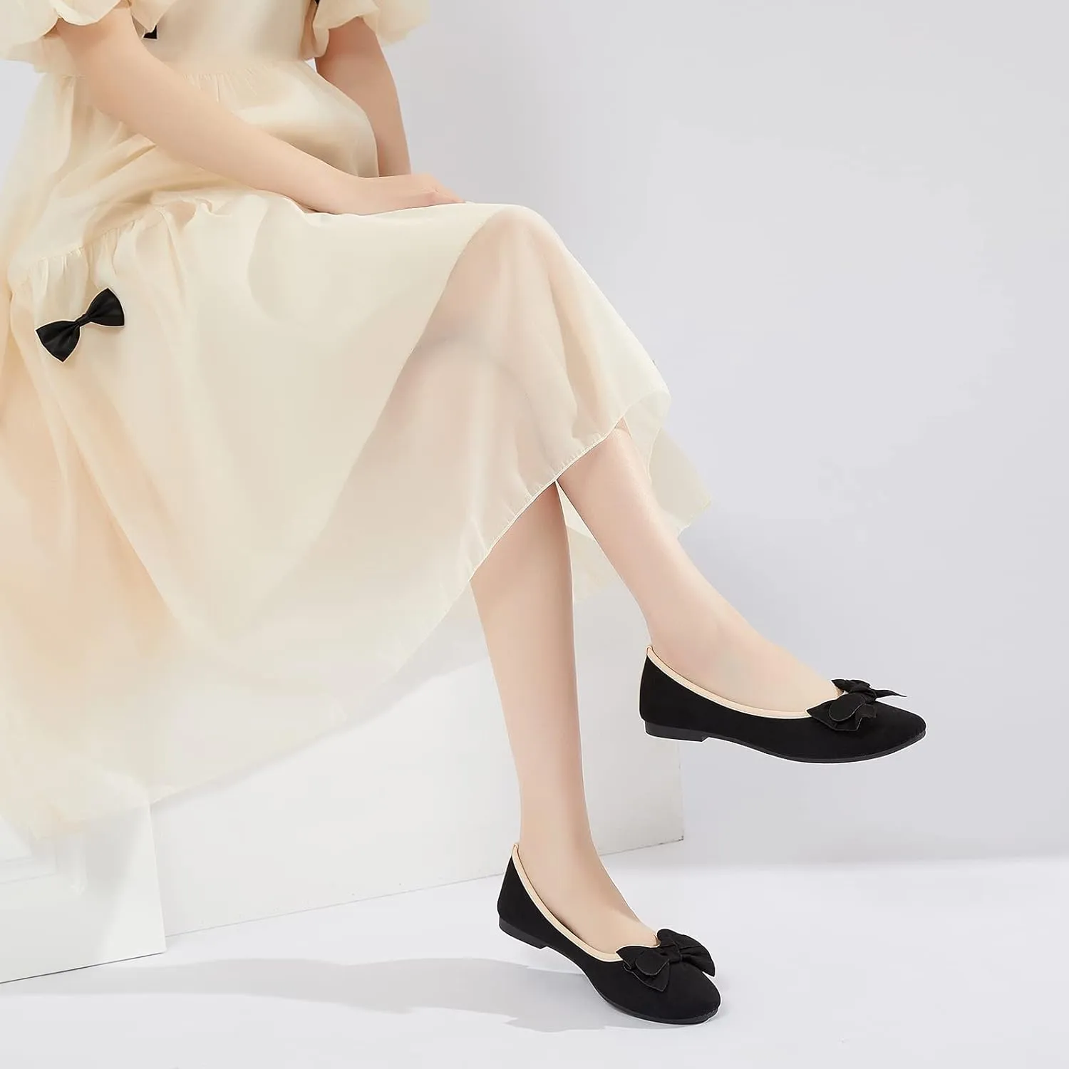 POVOGER Women's Flats Dress Shoes for Women Black Flats Slip on Elegant Bow Ballet Flats Low Heel Comfortable