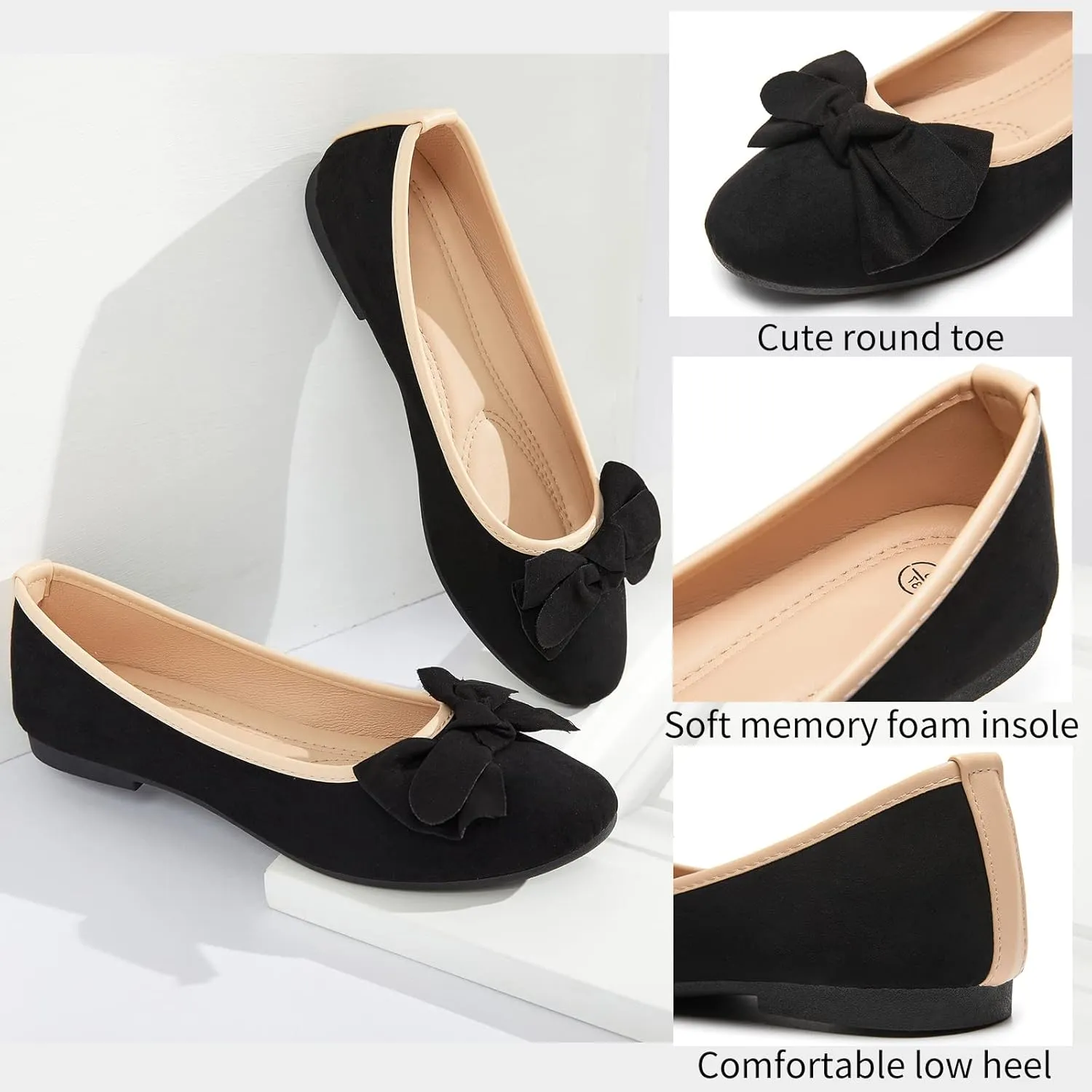 POVOGER Women's Flats Dress Shoes for Women Black Flats Slip on Elegant Bow Ballet Flats Low Heel Comfortable