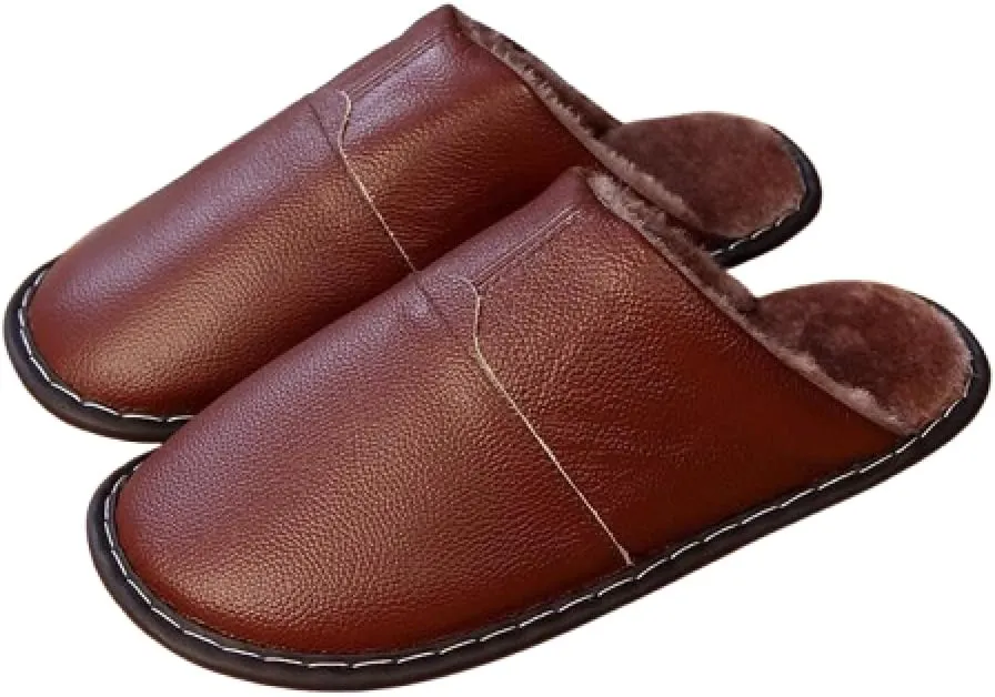 Premium Comfort Thermal Full Leather Non Slip Men's Fuzzy House Slippers Inddor Soft Warm Shoes Furry Sole