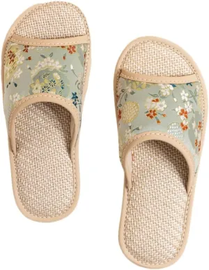 Premium Luxury Satin Silk Royal Flowers All Seasons Comfort Women's House Linen Slippers Indoor Soft Home Slip On Shoes
