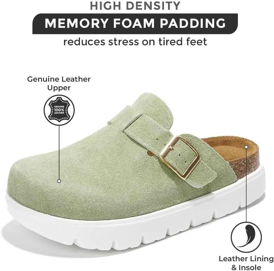 Project Cloud Genuine Leather Platform Clogs for Women Footwear - Memory Foam Arch Support Cork Footbed Casual Shoes & Mules for Women 2025 (Benton Chunky)