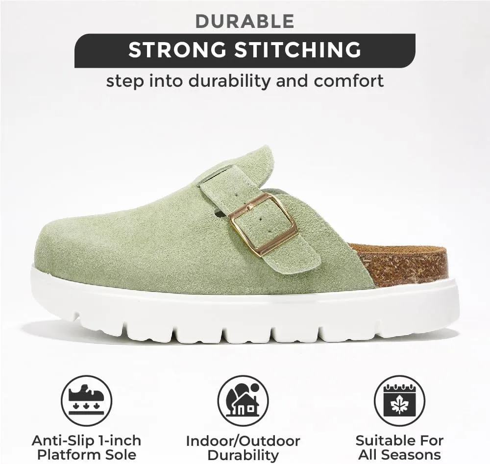 Project Cloud Genuine Leather Platform Clogs for Women Footwear - Memory Foam Arch Support Cork Footbed Casual Shoes & Mules for Women 2025 (Benton Chunky)
