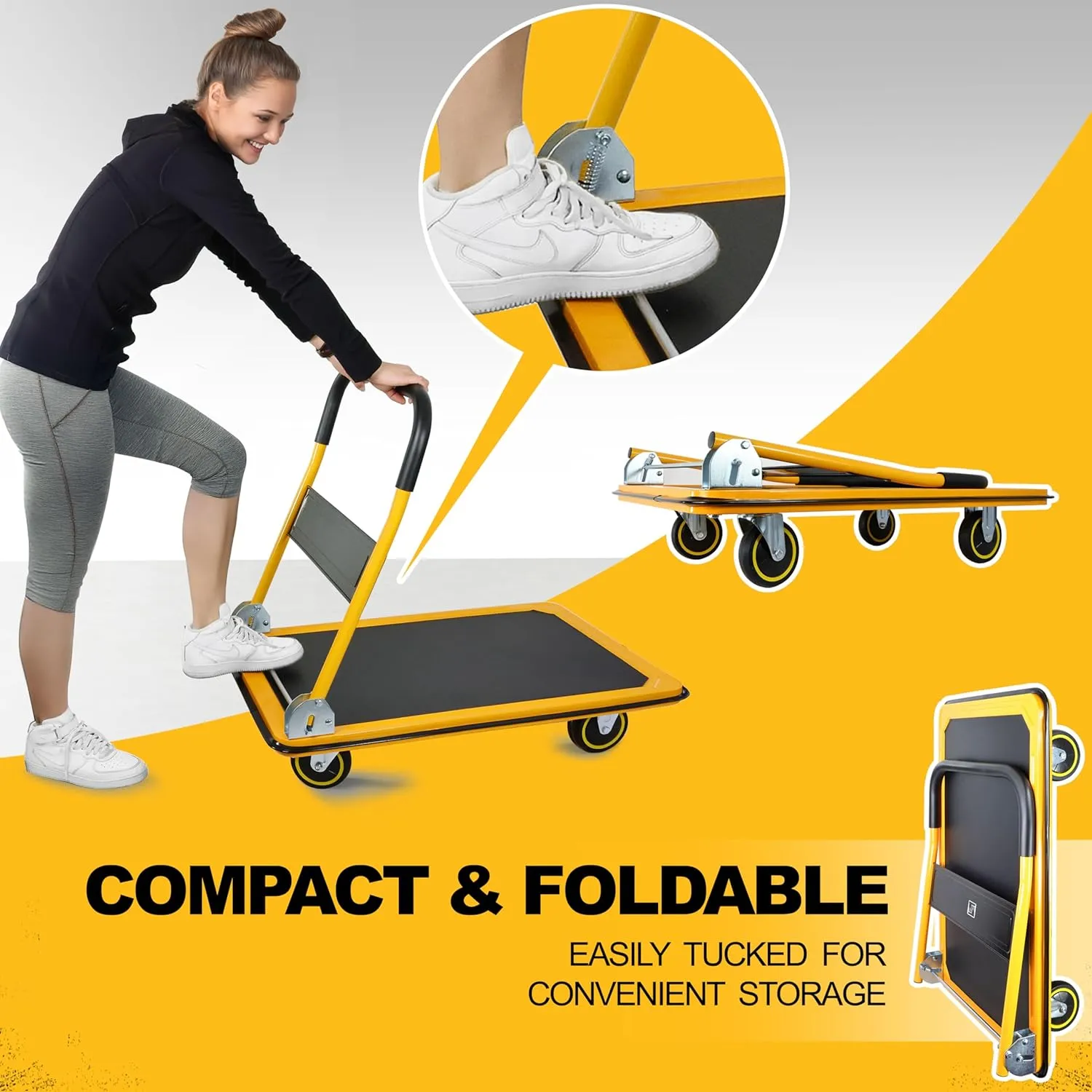 Push Cart Dolly by Wellmax, Moving Platform Hand Truck, Foldable for Easy Storage and 360 Degree Swivel Wheels with 660lb Weight Capacity, Yellow Color