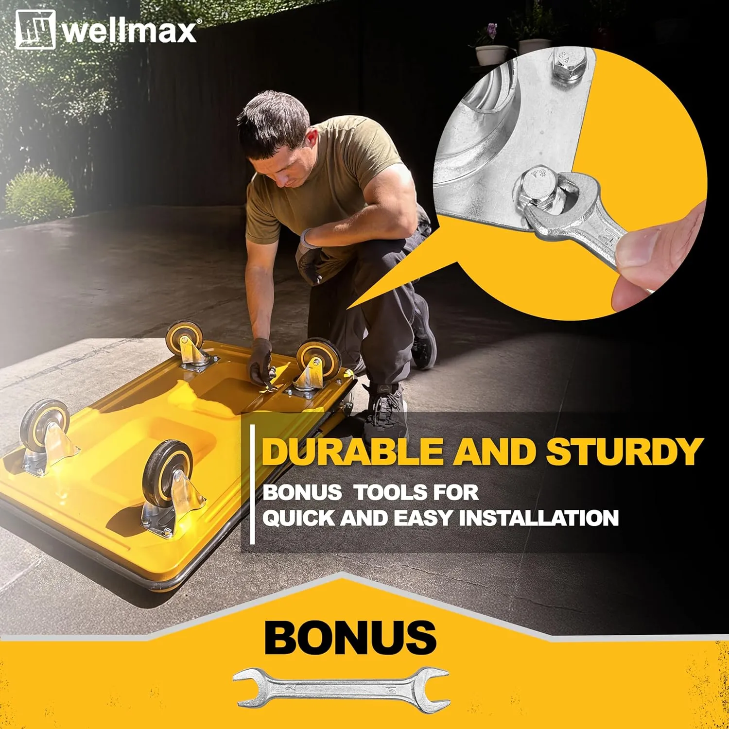 Push Cart Dolly by Wellmax, Moving Platform Hand Truck, Foldable for Easy Storage and 360 Degree Swivel Wheels with 660lb Weight Capacity, Yellow Color