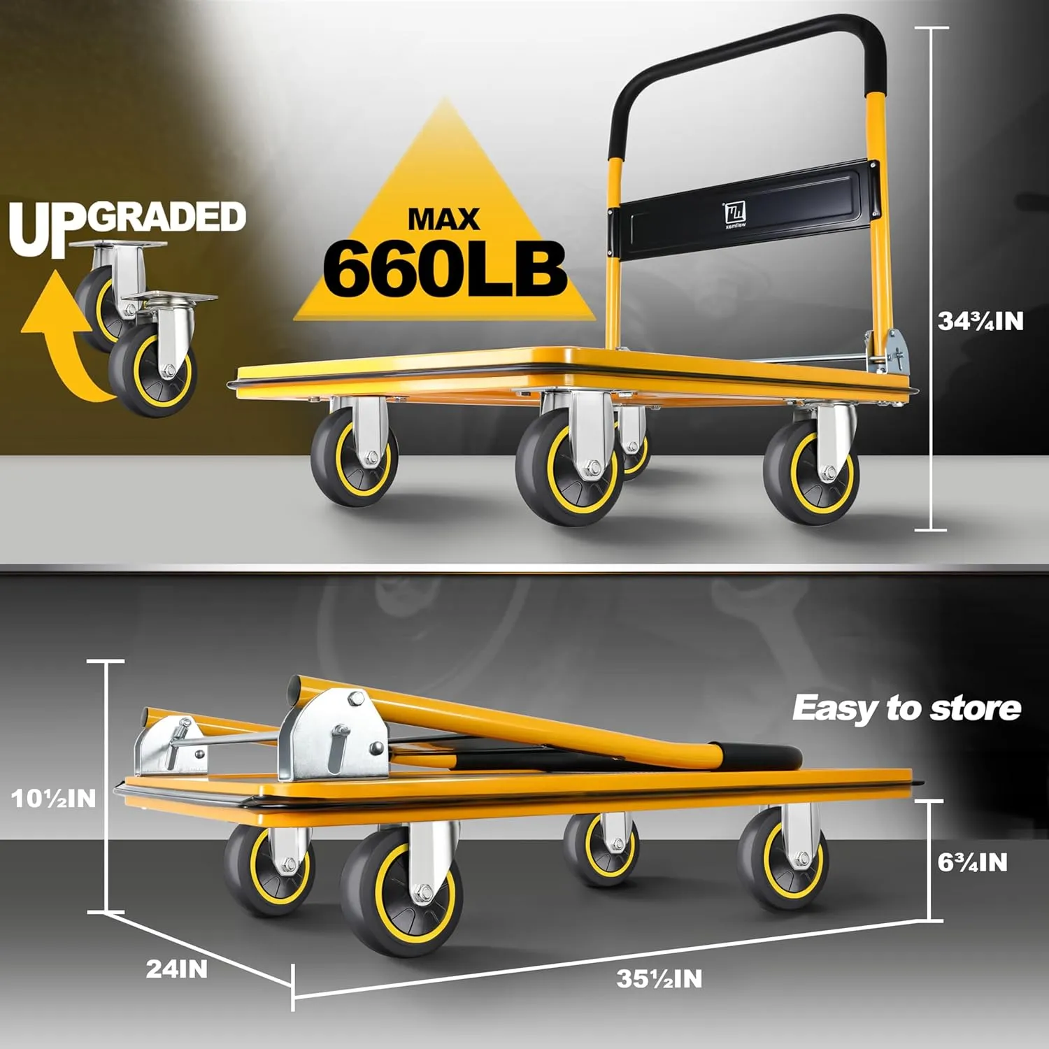 Push Cart Dolly by Wellmax, Moving Platform Hand Truck, Foldable for Easy Storage and 360 Degree Swivel Wheels with 660lb Weight Capacity, Yellow Color