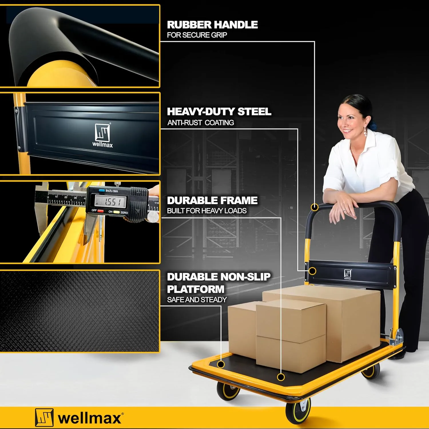 Push Cart Dolly by Wellmax, Moving Platform Hand Truck, Foldable for Easy Storage and 360 Degree Swivel Wheels with 660lb Weight Capacity, Yellow Color