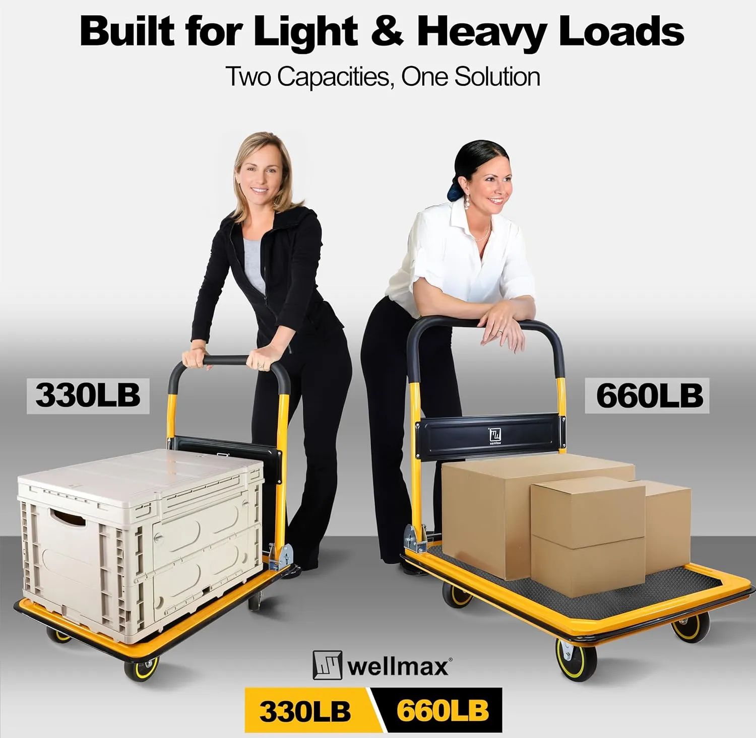 Push Cart Dolly by Wellmax, Moving Platform Hand Truck, Foldable for Easy Storage and 360 Degree Swivel Wheels with 660lb Weight Capacity, Yellow Color