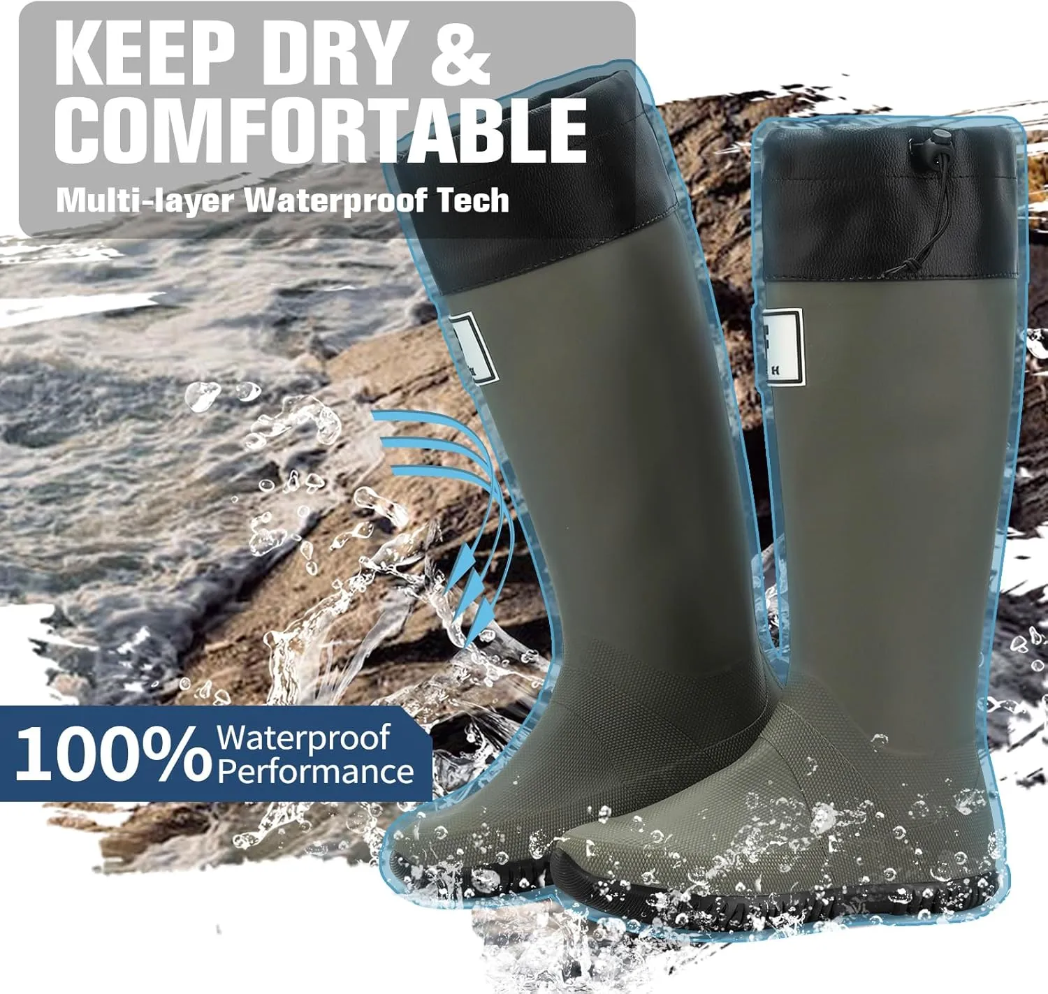 Rain Boots - Men's Waterproof Rubber Rain Boots, Lightweight, Foldable & Durable for Work, Garden & Outdoor Activities