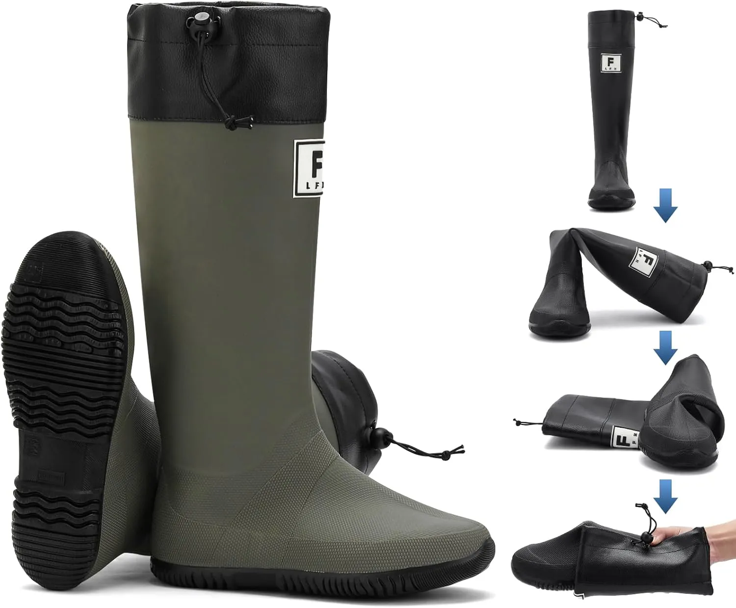 Rain Boots - Men's Waterproof Rubber Rain Boots, Lightweight, Foldable & Durable for Work, Garden & Outdoor Activities