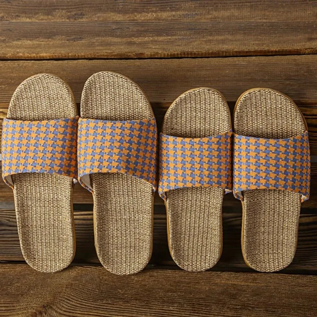 Rattan Slippers House Slippers for Women Men Open Toe, Womens Slippers Summer Home Indoor Linen Slippers Indoor Outdoor Wooden Floor Mute Couple Breathable Shoes
